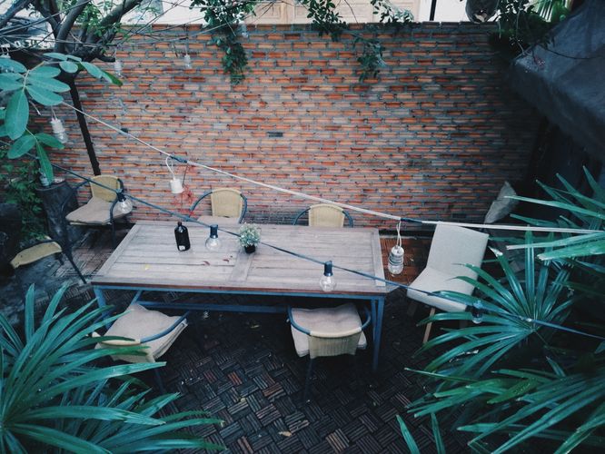 Brick walled patio, garden furniture